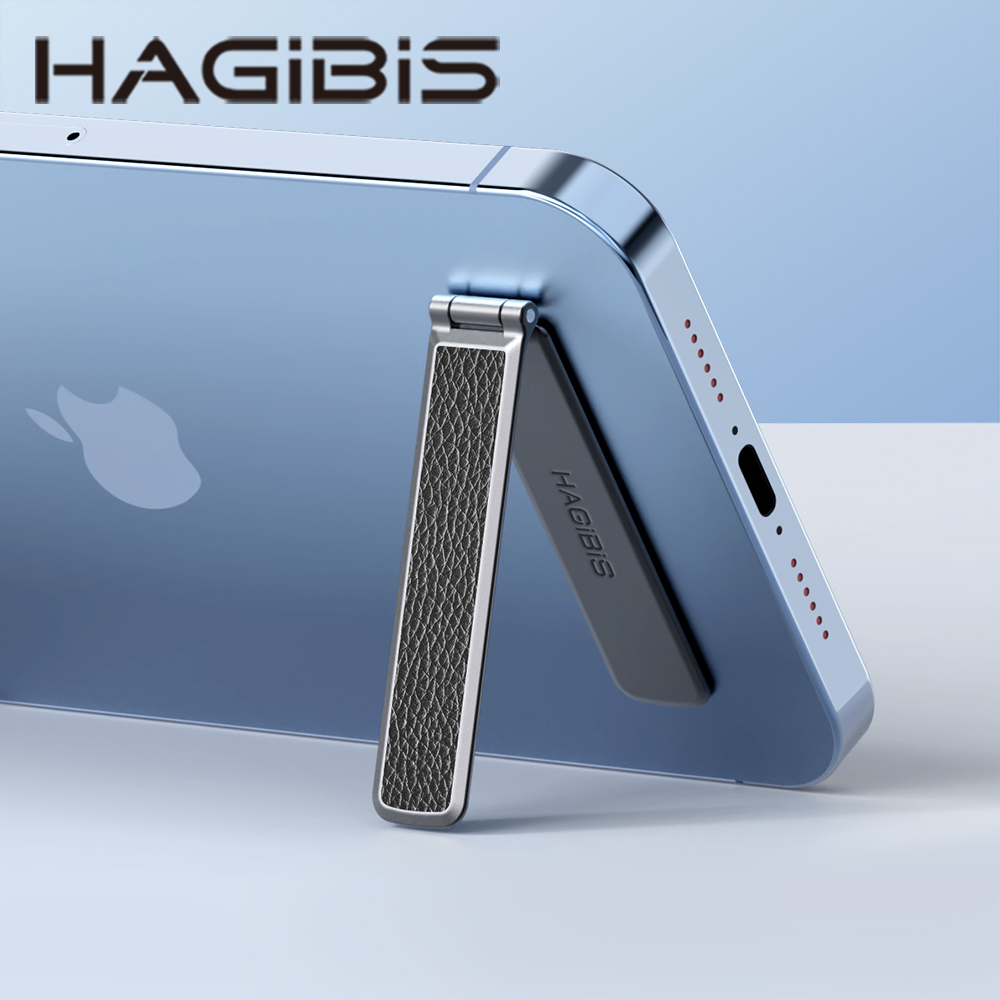 HAGiBiS鋅合金+皮革背貼迷你便攜折叠手機支架(深空灰+黑皮紋）