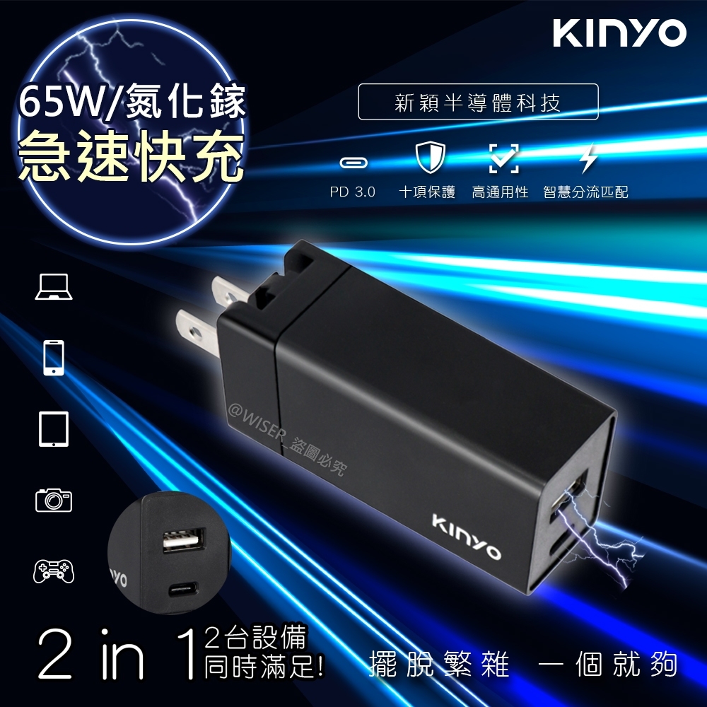 【KINYO】65W氮化鎵GaN雙孔快充充電器Type-C/USB充電器 (PDCB-065)PD+QC3.0+PPS全兼容
