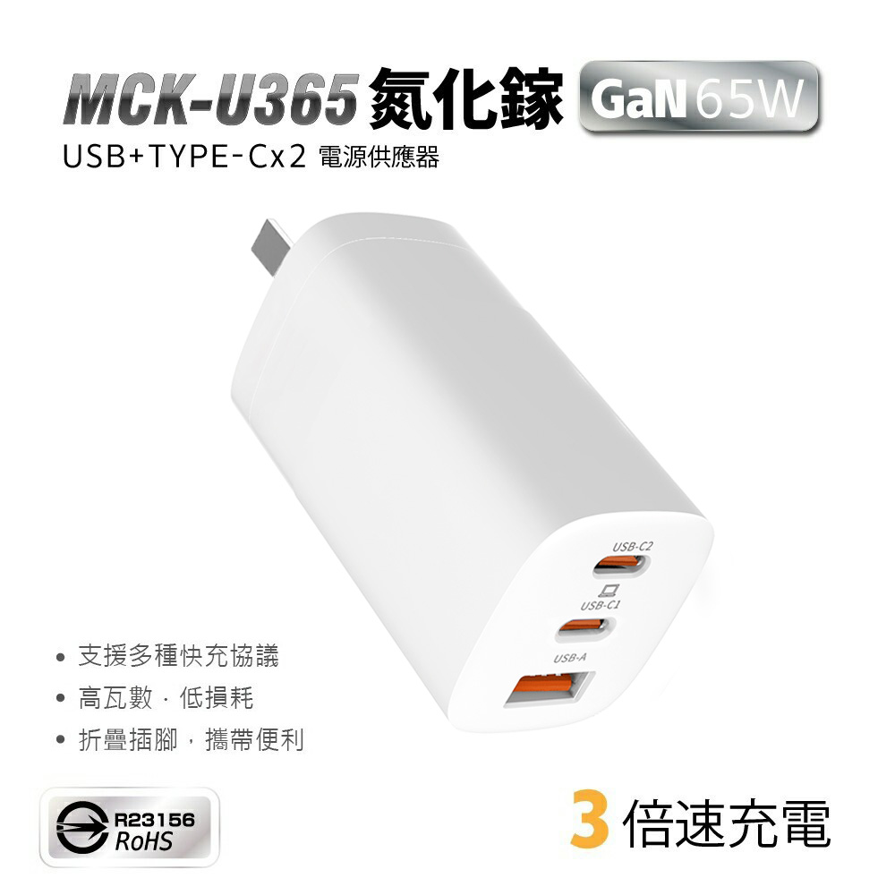 SHOWHAN 65W 三孔 氮化鎵快充充電器MCK-U365-白色