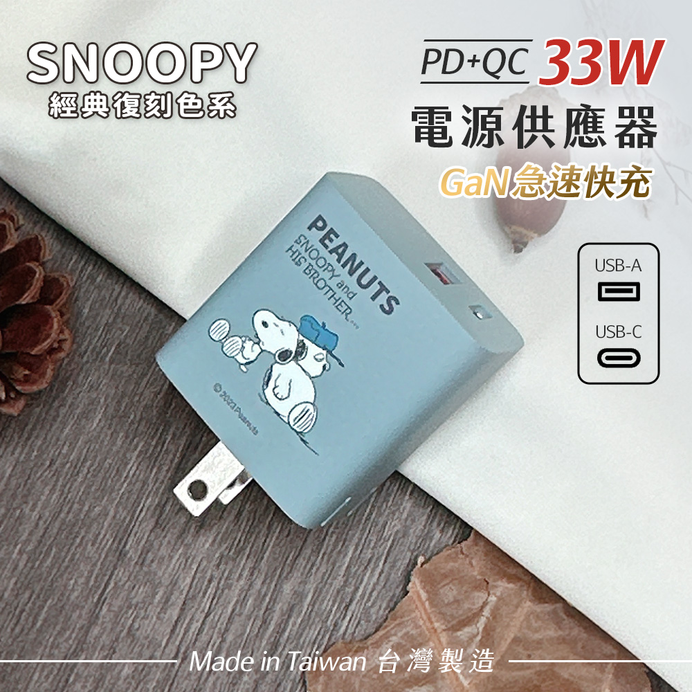 【正版授權】SNOOPY史努比 鳳梨酥系列 33W GaN氮化鎵 PD+QC 急速充電器-兄弟(蒼藍)