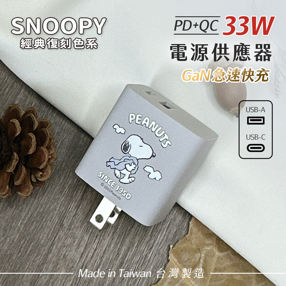 【正版授權】SNOOPY史努比 鳳梨酥系列 33W GaN氮化鎵 PD+QC 急速充電器-散步(霜灰)