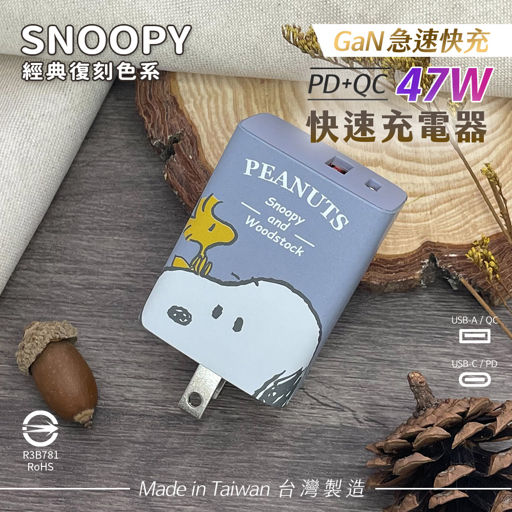 【正版授權】SNOOPY史努比 鳳梨酥系列 47W GaN氮化鎵 PD+QC 急速充電器-大頭