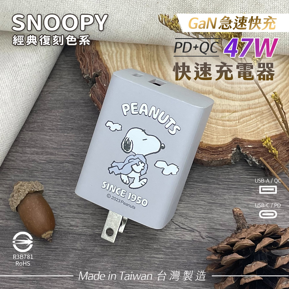 【正版授權】SNOOPY史努比 鳳梨酥系列 47W GaN氮化鎵 PD+QC 急速充電器-散步(霜灰)