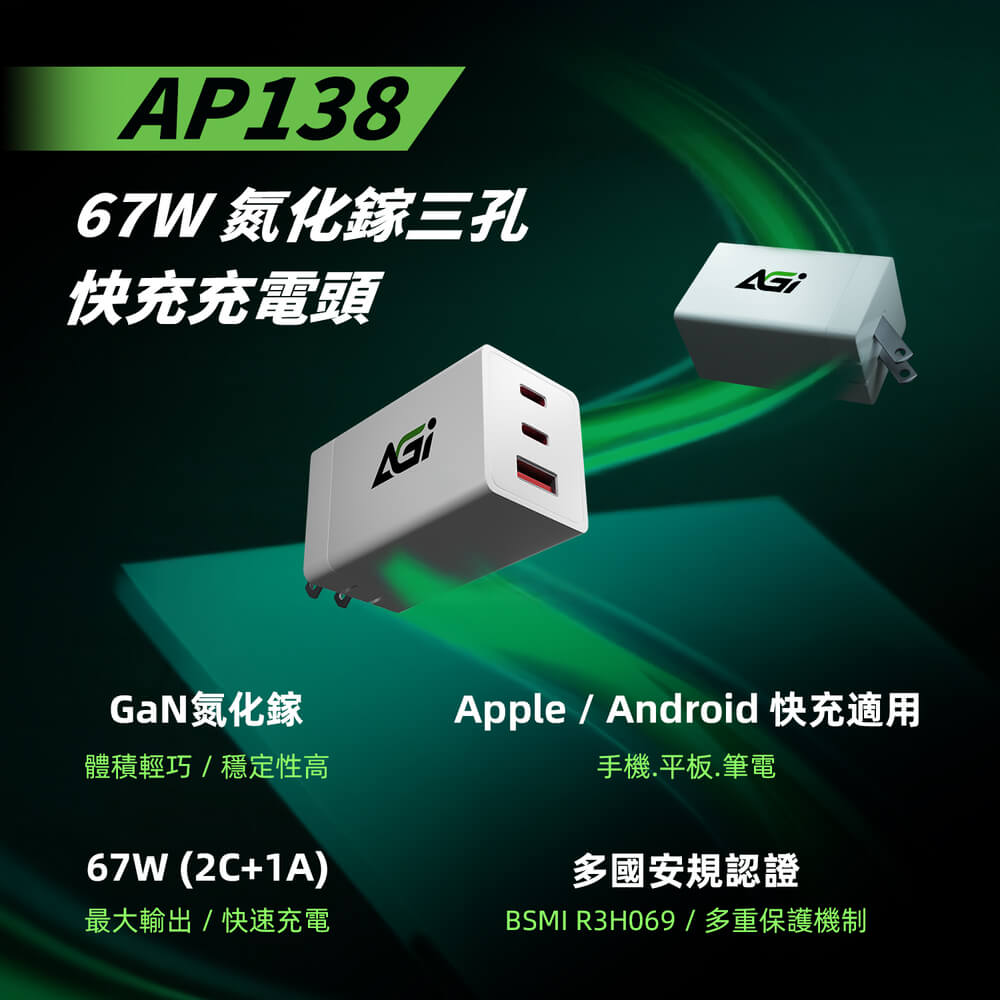 AP138 67W GaN 氮化鎵三孔USB-C 快充充電器 2C1A