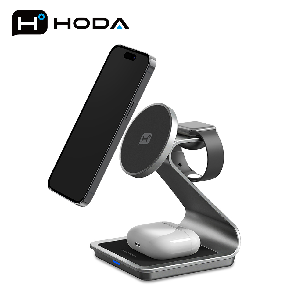 HODA 三合一磁吸無線充電座 (內附 USB A to C 充電線)