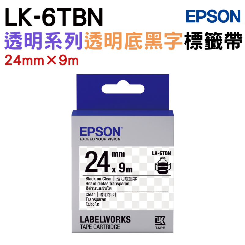 EPSON LK-6TBN 明系列透明底黑字標籤帶(寬度24mm)