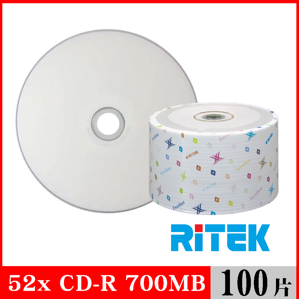 RITEK錸德 52X CD-R白金片 珍珠白滿版可列印/100片裸裝