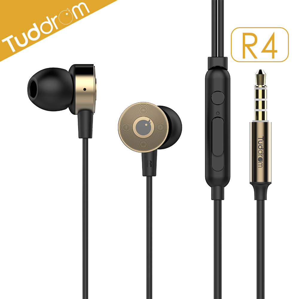 Tuddrom小魔鴨 R4低失真動圈金屬CD紋質感入耳式線控耳機(金)