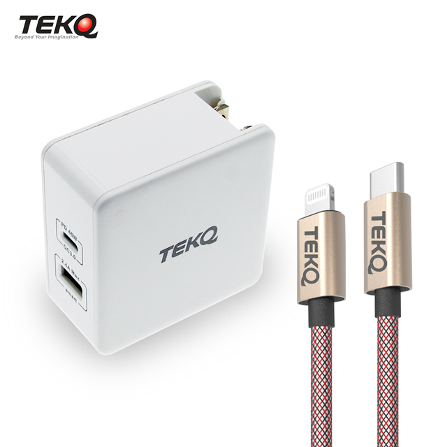TEKQ 2孔 Type-C USB 57W PD QC3.0 旅行快充充電器+TEKQ MFi 快充傳輸線120cm(快充組合)