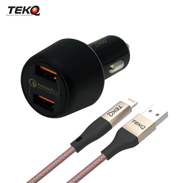 TEKQ 2孔 USB 36W QC3.0 快充車充+TEKQ 蘋果MFi 傳輸線120cm(快充組合)