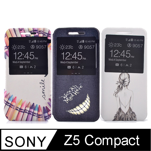 Sony Xperia Z5 Compact 時尚彩繪手機皮套 側掀支架式皮套 仙境遊蹤/少女背影/蠟筆拼盤