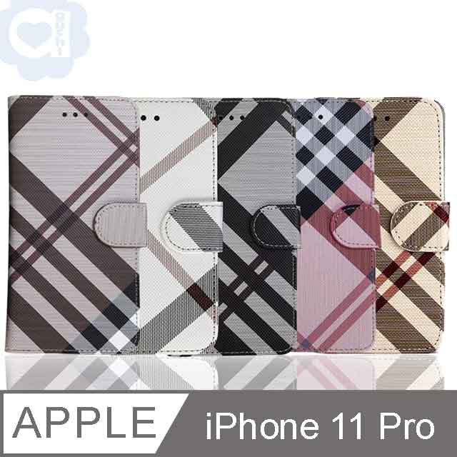 Apple iPhone 11 Pro 5.8吋 英倫格紋氣質手機皮套 側掀磁扣支架式皮套 矽膠軟殼 5色可選
