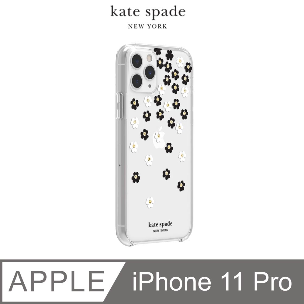 Kate Spade Scattered Flowers iPhone 11 Pro 黑白小花透明殼+金色鑲鑽