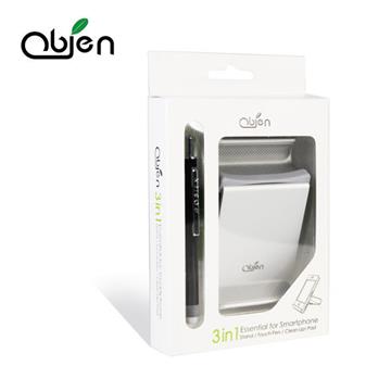 【OUI「為」精品】OBIEN 智慧型手機必備三合一配件組-手機架+觸控筆+擦拭貼