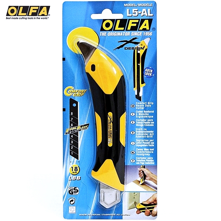 日本製造OLFA易握X系列大型美工刀L5-AL型(抗丙酮;18mm塗氟LBF黑刃片自動鎖定;品番227B)