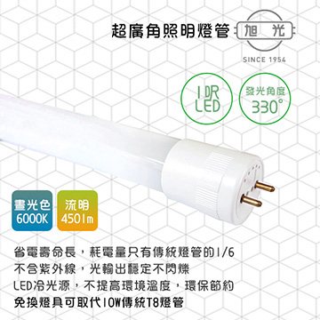 【旭光】LED 5W ET8-1FT 綠能超廣角燈管1呎-2入 6000K(晝光色) 免換燈具直接取代T8傳統燈管