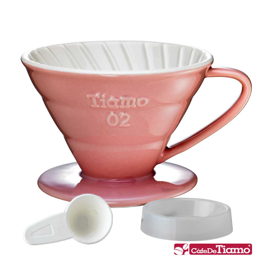 Tiamo V02 陶瓷雙色濾杯組附滴水盤量匙螺旋款-五色(HG5544)
