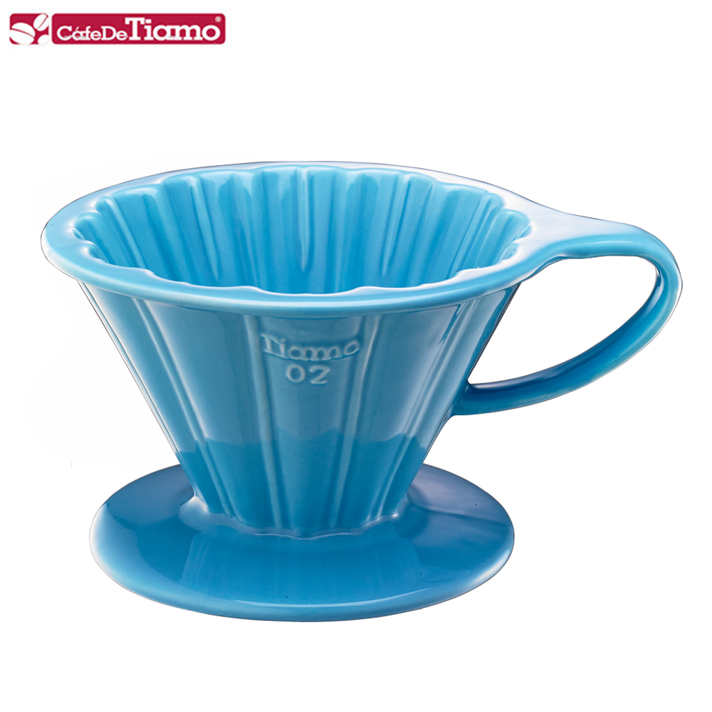 Tiamo V02花瓣形陶瓷咖啡濾杯組-粉藍色(HG5536BB)