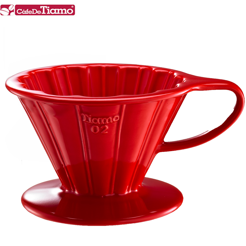 Tiamo V02花瓣形陶瓷咖啡濾杯組-紅色(HG5536R)