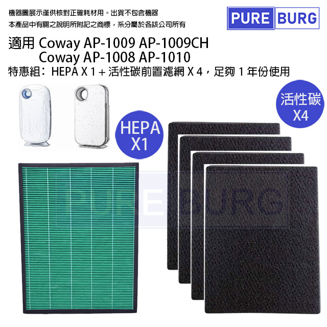 【適用Coway格威】AP-1009 AP-1009CH AP-1010 HEPA 濾網送2片活性碳