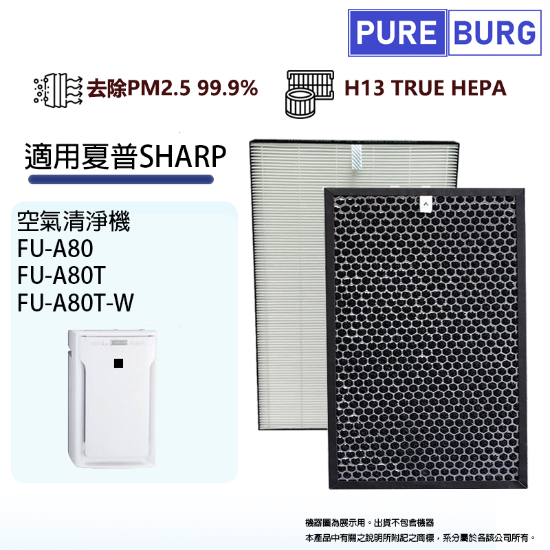 適用 SHARP 夏普FU-A80 FU-A80T FU-A80T-W 空氣清淨機 HEPA替換濾網濾芯+活性碳組