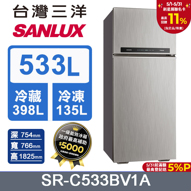 【臺灣三洋Sanlux】533L 變頻雙門冰箱SR-C533BV1A