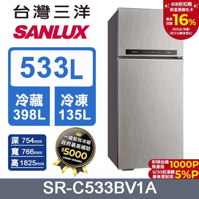 【臺灣三洋Sanlux】533L 變頻雙門冰箱SR-C533BV1A