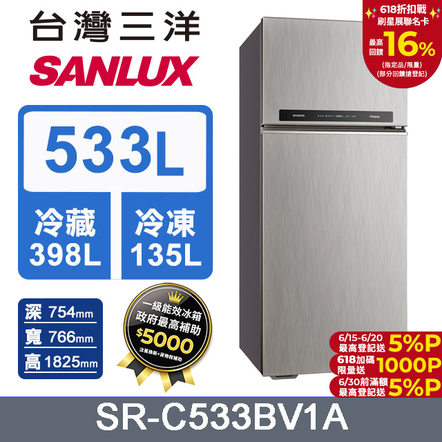 【臺灣三洋Sanlux】533L 變頻雙門冰箱SR-C533BV1A