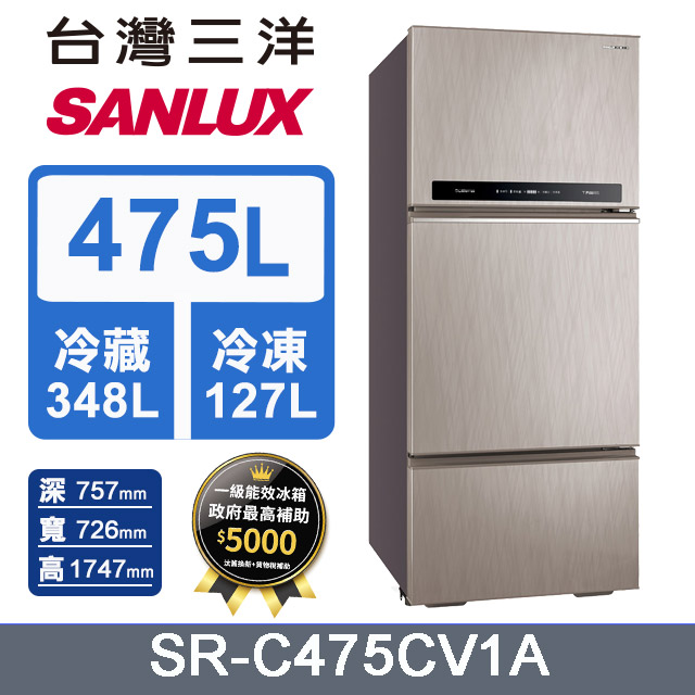 【台灣三洋Sanlux】475L 三門變頻電冰箱 SR-C475CV1A