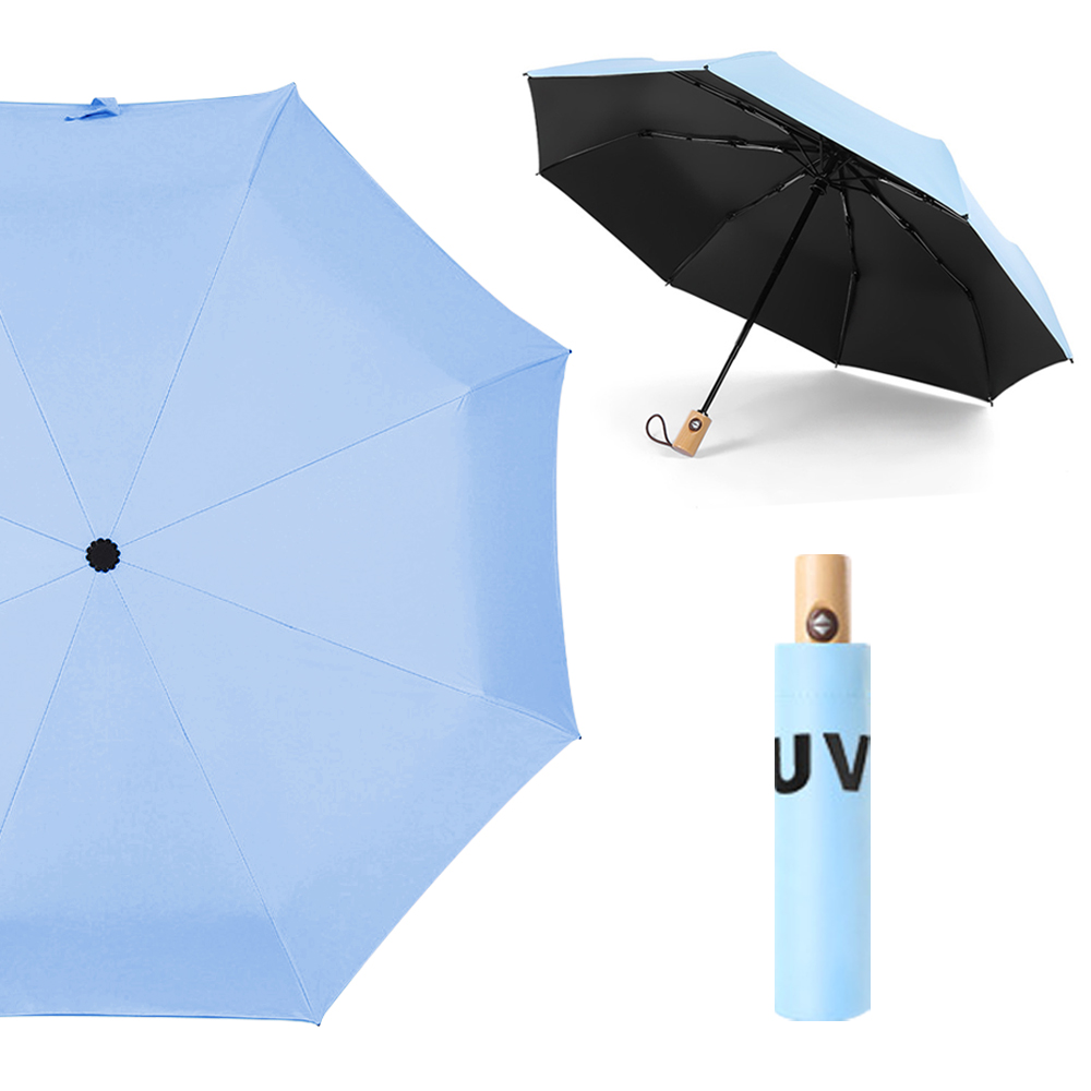 【幸福揚邑】降溫抗UV防風防撥水大傘面全自動開收木柄晴雨摺疊傘-淺藍