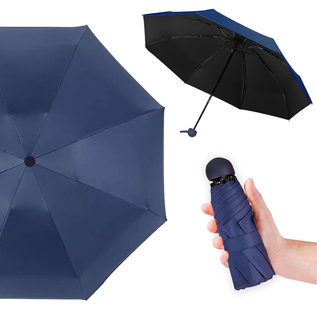 【幸福揚邑】抗UV降溫8骨防風防潑水大傘面五折迷你晴雨口袋傘-深藍