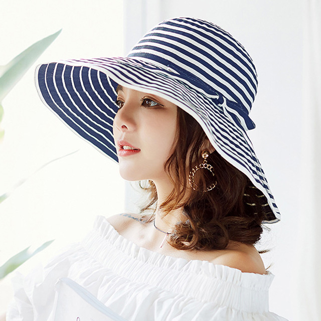 【幸福揚邑】夏日浪漫條紋大帽檐抗UV防紫外線可摺疊遮陽帽-深藍