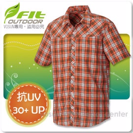 【維特 FIT】男新款 格紋吸排抗UV短袖襯衫 FS1202 鮭魚橙