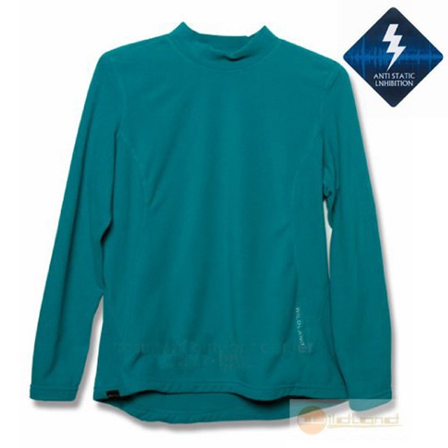 【荒野 WildLand】女 彈性抗靜電保暖內刷毛衛生衣/內衣_92561-46 土耳其藍