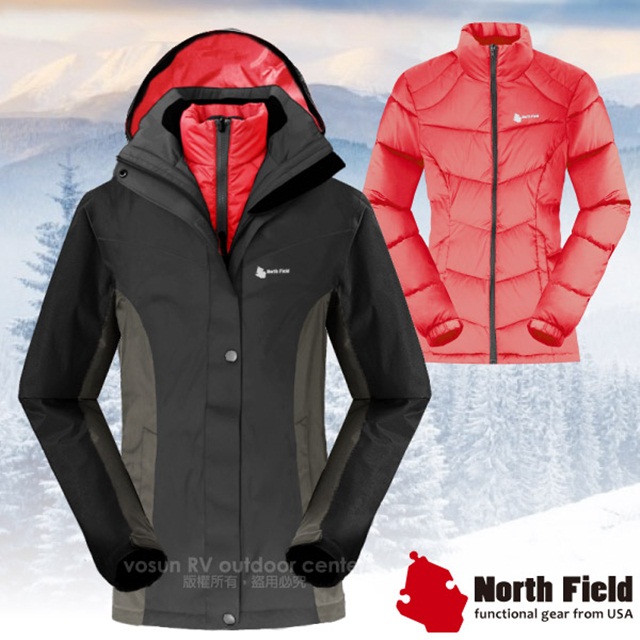 【美國 North Field】索爾 女新款 二件式防風防水外套+內層保暖羽絨夾克_8GW3507 鑽石黑