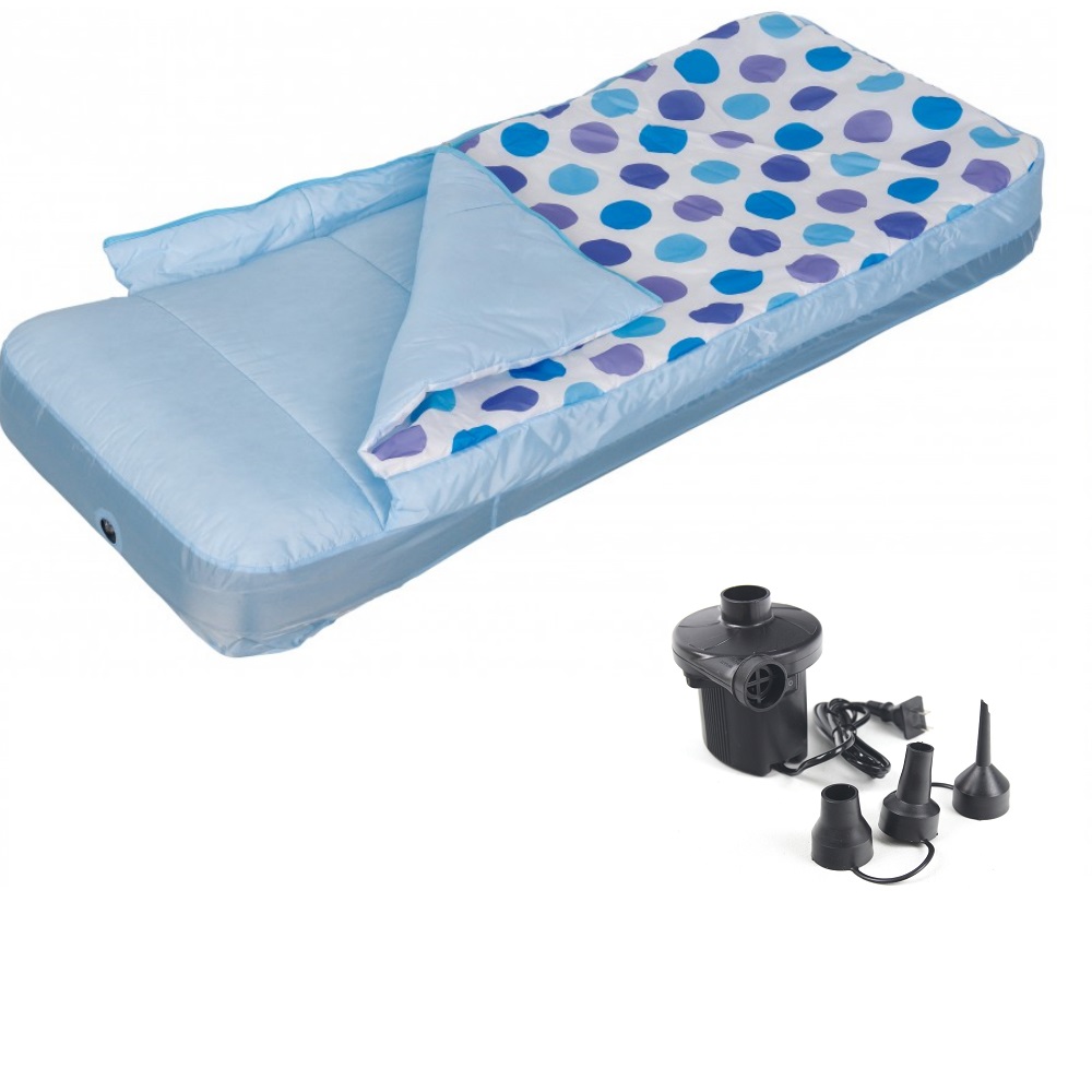 兒童睡袋充氣床-藍 +抽充二用電動打氣筒