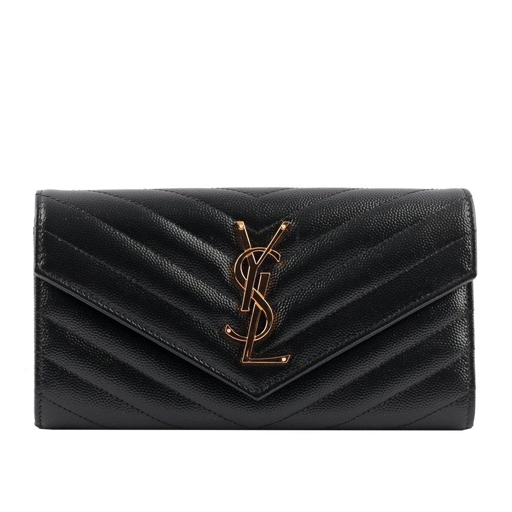 YSL 山形紋荔枝皮金字logo釦式長夾(黑色) 372264 BOW01 1000