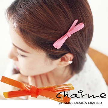 Charme 韓國流行甜美造型蝴蝶結壓克力髮夾 橘色