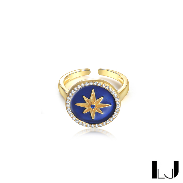 Little Joys 旅美原創設計 六芒星羅盤925銀鍍金戒指(寶石藍)