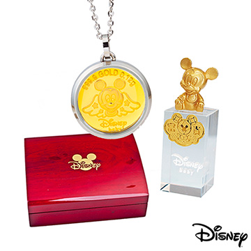 Disney迪士尼金飾 純真天使米奇黃金/白鋼項鍊+米奇水晶印章木盒