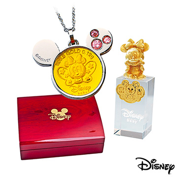 Disney迪士尼金飾 可愛蝴蝶美妮黃金/白鋼項鍊+美妮水晶印章木盒
