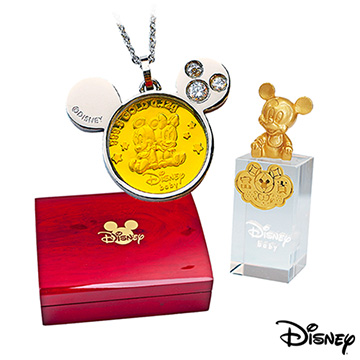 Disney迪士尼金飾 可愛兩小無猜黃金/白鋼項鍊+美妮水晶印章木盒