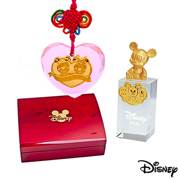 Disney迪士尼金飾 歡心喜悅黃金/水晶鎖片+米奇水晶印章木盒