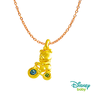 Disney迪士尼系列金飾 黃金/水晶墜子-單車維尼款 送項鍊