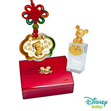 Disney迪士尼系列金飾 彌月金飾印章套組木盒-聰明伶俐美妮款-米奇造型印章 0.15錢