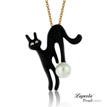 【大東山珠寶】大東山珠寶 俏皮魔女貓 手繪彩漆珍珠長版項鍊 貓咪飾品-黑