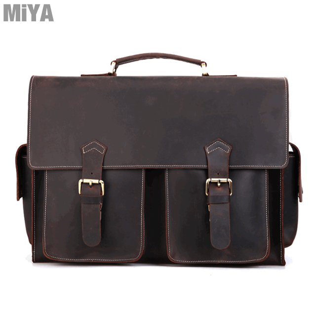 MiYA Quant 歐美磨砂真皮牛皮復古男用商務電腦公事包 棕色