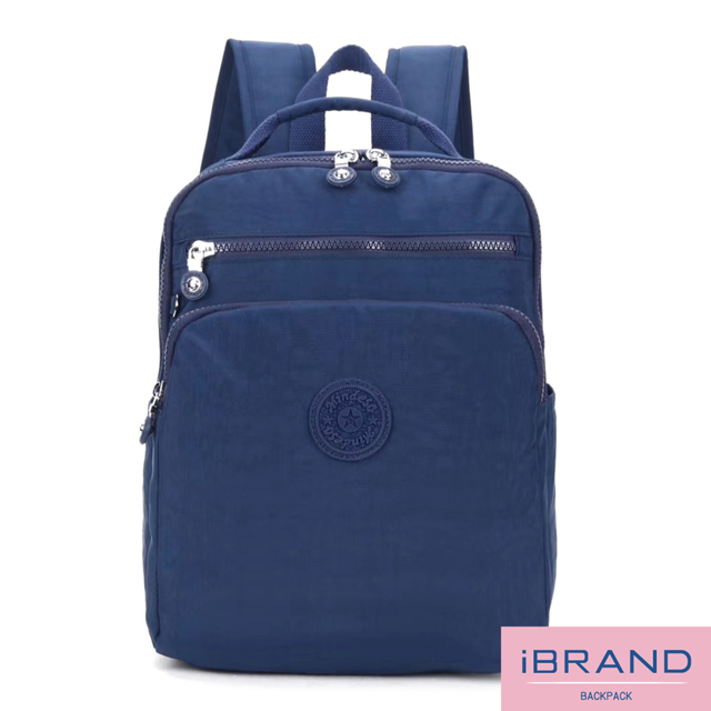 iBrand 輕盈防潑水素色雙拉鍊尼龍後背包-寶藍色