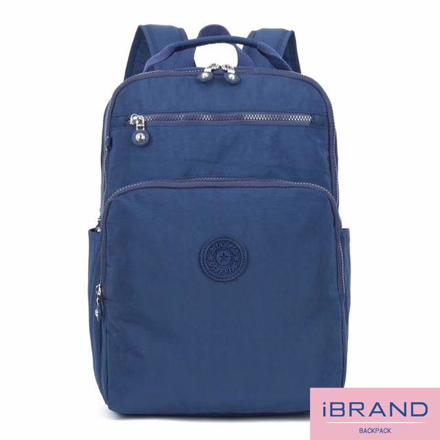 iBrand 輕盈防潑水素色雙拉鍊尼龍後背包(大)-藍色