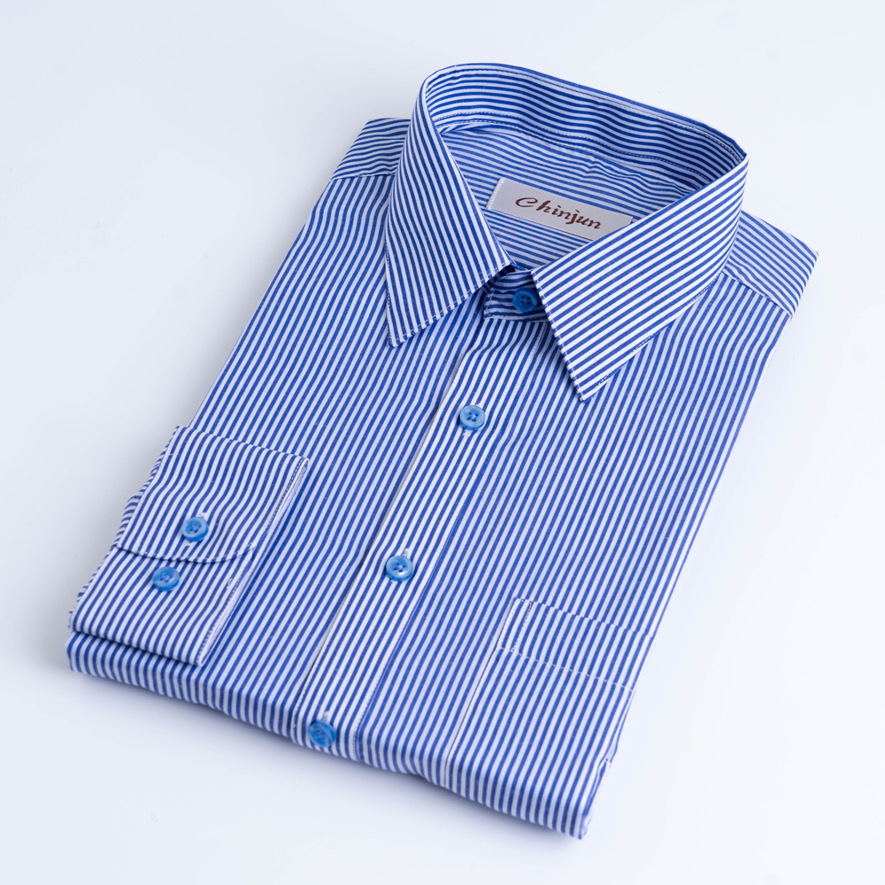 CHINJUN商務抗皺襯衫長袖、藍白相間條紋